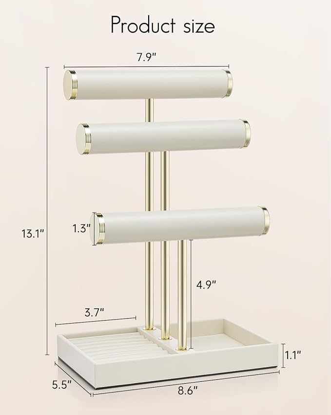 VLANDO 3 Tier Bracelet Holder Organizer with Tray - Mothers Day Gifts Leather Jewelry Stand Organizer for Mom - Jewelry Holder Display for Necklace, Watches, Rings, Earrings, Scrunchie - Cloud White