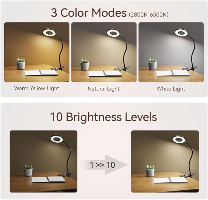 LED Desk Lamp Clip on Light with 3 Color Modes 10 Brightness Ring/Clamp Light 360° Adjustable Neck Dimmable Eye Protection Desk Lamps for Home Office