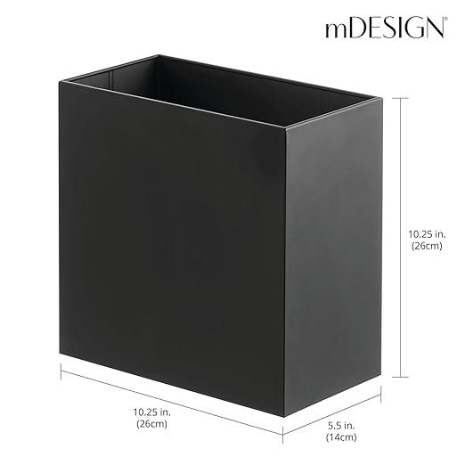 mDesign Small Steel Rectangular 2.4 Gallon/9.1 Liter Trash Can, Waste Basket for Bathroom, Bedroom, Home Office - Holds Garbage, Recycling, Household Items - Linn Collection - Matte Black
