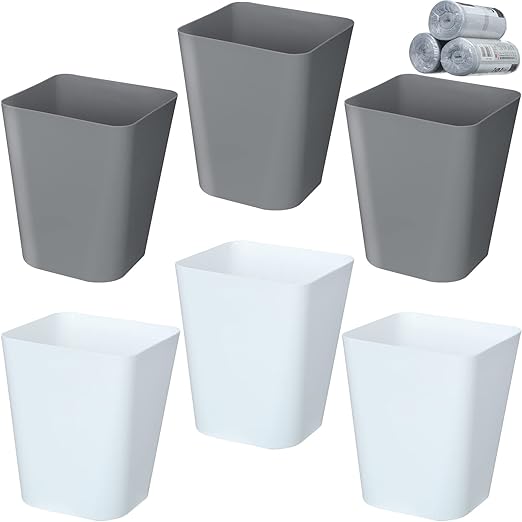 Eccliy 6 Pack 1.6 Gallons Trash Can Small Bathroom Plastic Trash Can with 3 Rolls of Bags for Bedroom Home Office Living Room Kitchen(Gray, White,6)