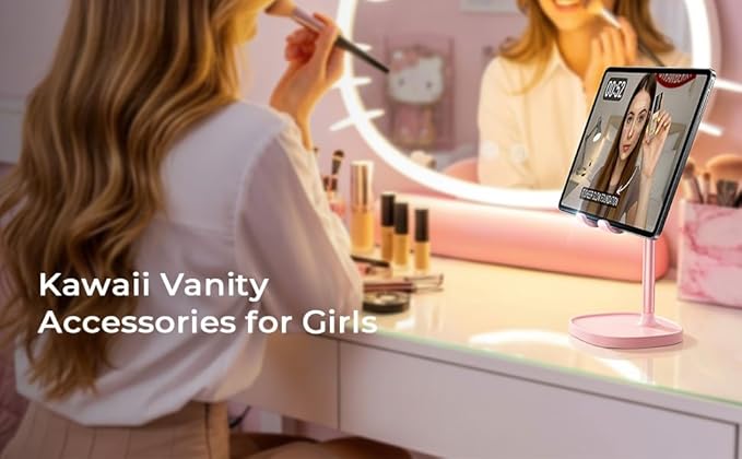 LISEN Pink Vanity Girls Room Decor Kitchen Decor and Accessories, Cute Pink Phone Stand Bathroom Essentials Decor Desk Accessories for Kindle Stand iPad mini Moms Gift Birthday Decorations 4-10 inch