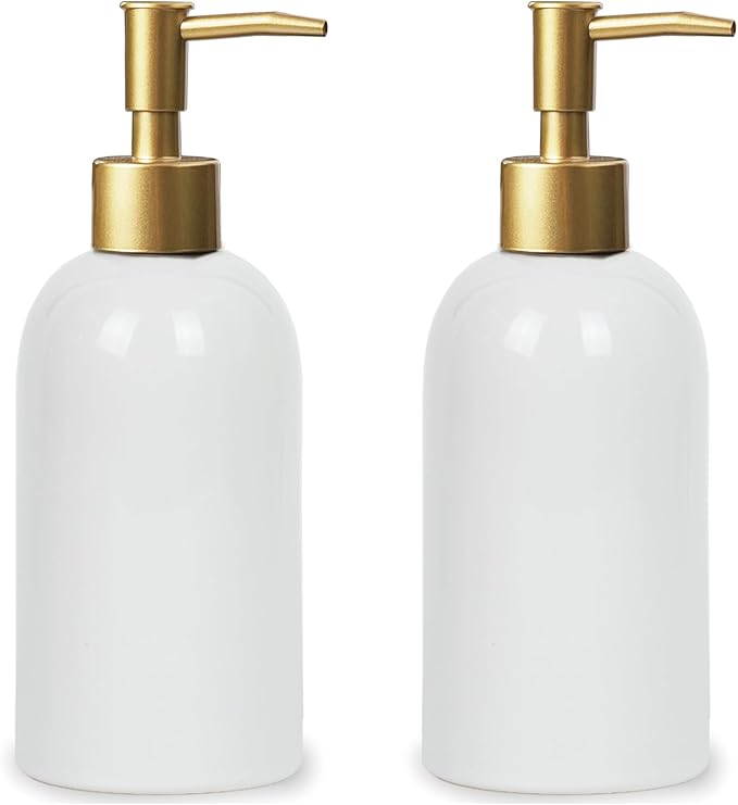 2Pack Ceramic Soap Dispenser White with Gold Pump,Simple Design Cylindrical Lotion Dispenser Bottle,Refillable Liquid Hand Soap Dispenser for Kitchen,Bathroom,Washroom
