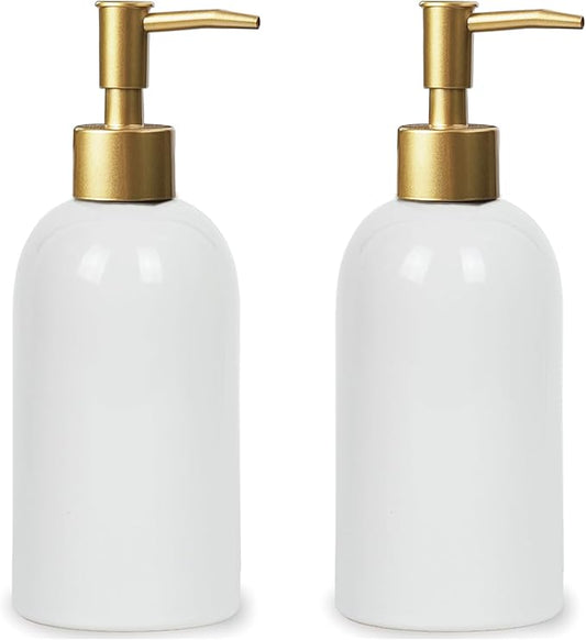 2Pack Ceramic Soap Dispenser White with Gold Pump,Simple Design Cylindrical Lotion Dispenser Bottle,Refillable Liquid Hand Soap Dispenser for Kitchen,Bathroom,Washroom