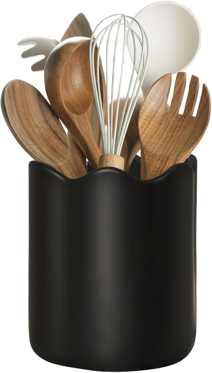 Ceramic Utensil Holder for Kitchen Counter, 6.2" Kitchen Utensil Holder with Cork Bottom for Countertop, Modern Scalloped Cooking Tool Organizer for Spatula, Matte Black
