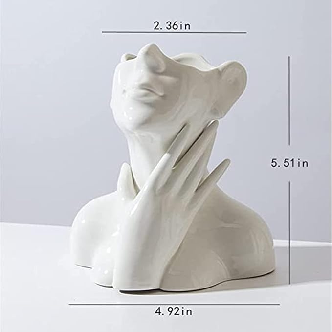 Ceramic Face Vase, White Flower Vases for Decor Female Form Head Half Body Vase Boho Unique Decorative Modern Style for Home Living Room Office Book Shelf (Medium)