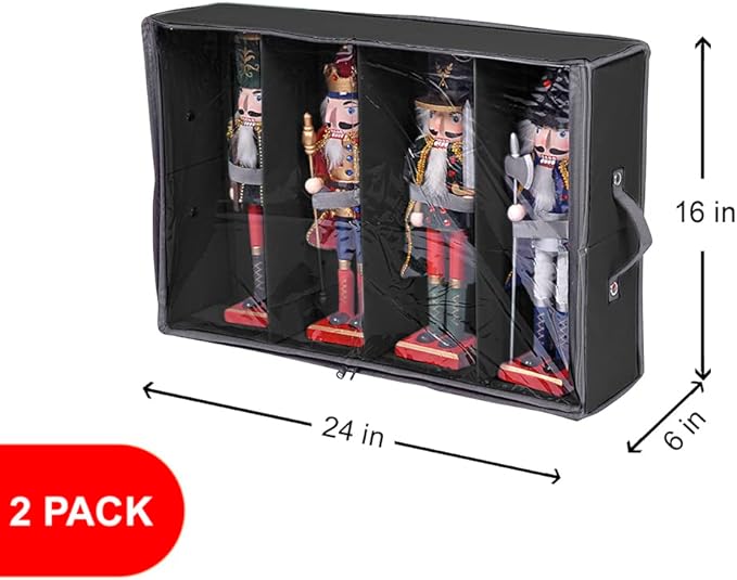 ProPik 2 Pack Christmas Figures Storage Box | Each Holds 4 Holiday Figurines up to 16” | Adjustable Nutcracker Decor Ornament Storage Container | Xmas Decorations Accessories Boxes (Black)