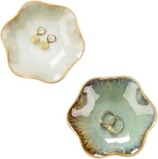 2PCS Ring Holder Dish, Small Key Bowl, Ceramic Trinket Tray Jewelry Dish Organizing Necklace Earrings for Mom Friend Sister, All Jewelries Are NOT Included. Light Green+Crystal Green.…