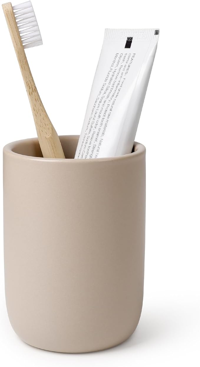 BosilunLife Ceramic Toothbrush Holder (Khaki, Cylinder)