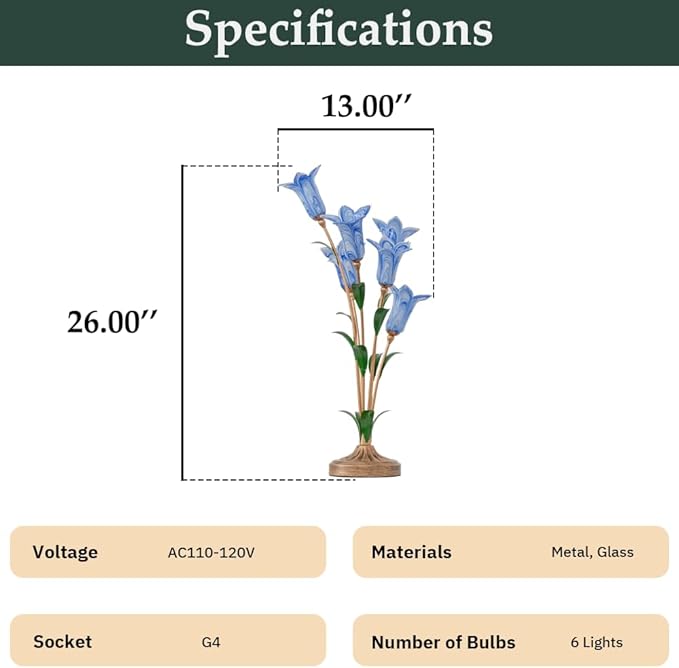 Skyblaze Classic Style Table Lamp with Flower Glass Shade, Elegant Flower Night Light, Art Deco Accent Table Lamp for Bedroom Living Room (Blue, 6 Lights)