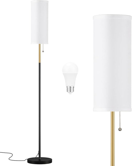 Ambimall 64'' Floor Lamp for Living Room with 3 Color Temperatures Bulb, Minimalist Pole Lamp, White Lampshade, Black & Gold Pole