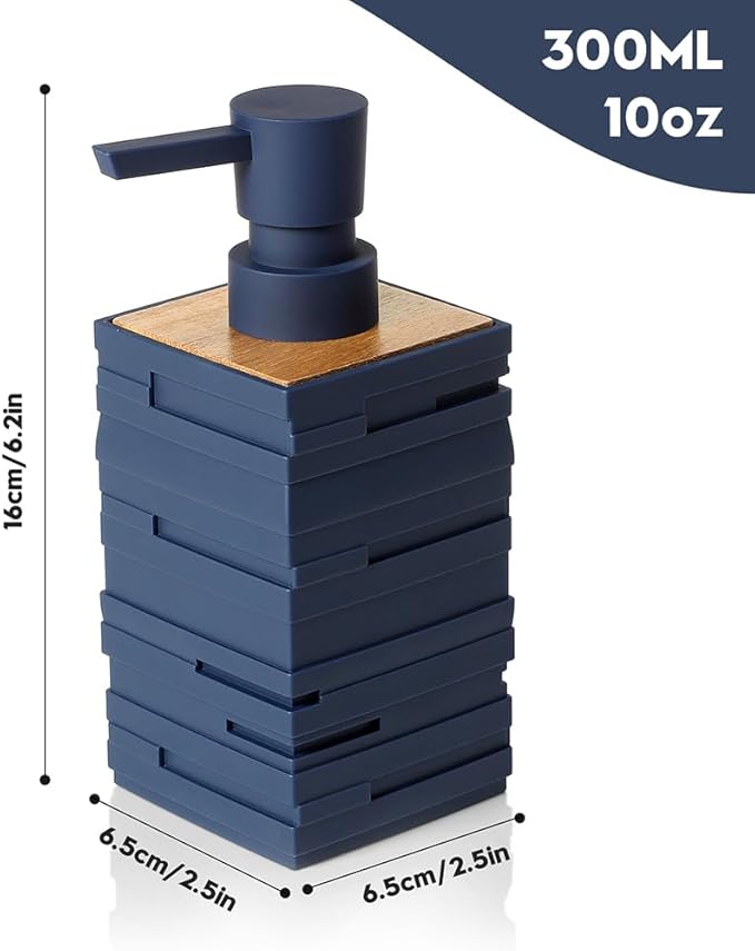 YAUKPH Matte Blue Teak Wood Hand Soap Dispenser 10 oz Square for Bathroom and Kitchen Countertops