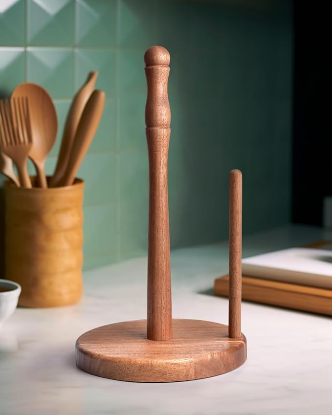 Farmhouse Acacia Wood Paper Towel Holder Countertop, Weighted Base for Kitchen & Bathroom, One-Handed Operation, EPTH, Wooden Standing Towel Roll Organizer, for Standard & Jumbo Rolls