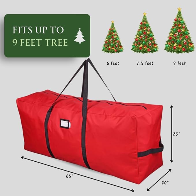 Primode Heavy Duty Christmas Tree Storage Bag | Fits Up to 9 Ft. Tall Disassembled Tree | 25" Height X 20" Wide X 65" Long | Durable 600D Oxford Material | Heavy Duty Xmas Storage Container (Red)
