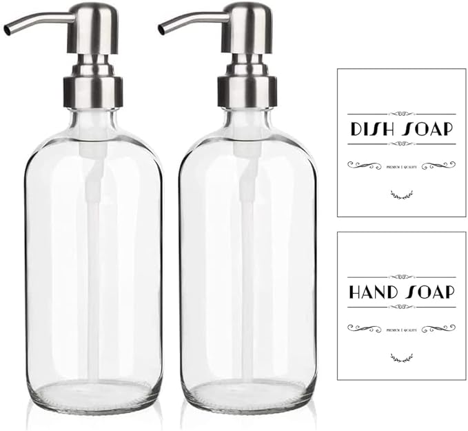 ARKTEK Refillable Soap Dispenser (2 Units) - 17 Oz Clear Glass Bottle with Rust Proof Pump for Hand and Dish Soap, Kitchen Bathroom Countertop