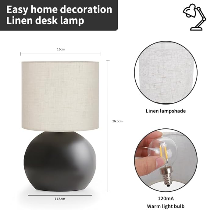 Modern Black Small Table Lamp with Cotton Linen Shade, 10.4-inch LED Desk Light, One-Button Switch for Bedroom, Living Room, Nightstand, Includes Warm Light Bulb