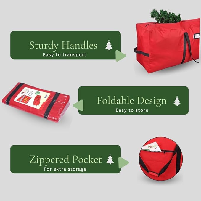 Primode Heavy Duty Christmas Tree Storage Bag | Fits Up to 9 Ft. Tall Disassembled Tree | 25" Height X 20" Wide X 65" Long | Durable 600D Oxford Material | Heavy Duty Xmas Storage Container (Red)