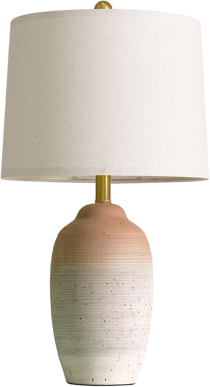 USumkky 24.5" Ceramic Table Lamp with 5FT Cord, Single Farmhouse Vintage Rustic Bedside Lamp for Living Room Bedroom Entryway, Linen Shade Nightstand End Table Decor (Bulb Not Included)-White&Brown