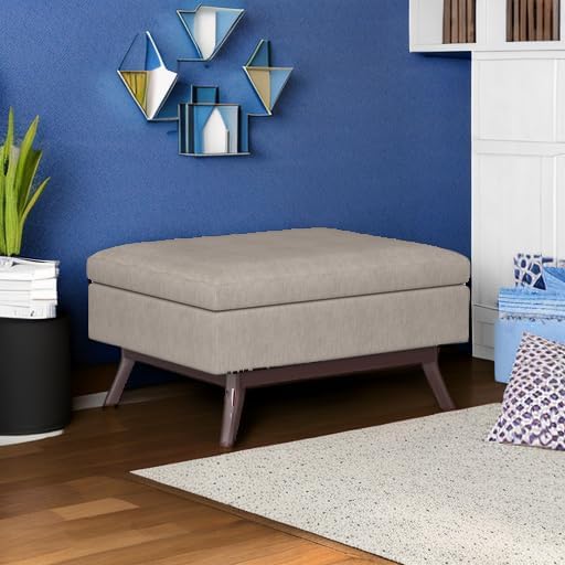 SIMPLIHOME Owen Coffee Table Storage Ottoman - 34" Wide x 19" High Upholstered Linen Look Fabric Rectangular Lift-Top Ottoman in Natural, Mid-Century Modern Bench for Living Room with Tapered Legs