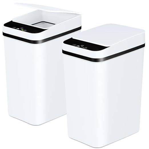 Anborry Bathroom Trash Cans with Lid 2 Pack 2.2 Gallon Touchless Automatic Motion Sensor Small Slim Garbage Can, Smart Electric Narrow Garbage Bin for Bedroom Office Kitchen (White)
