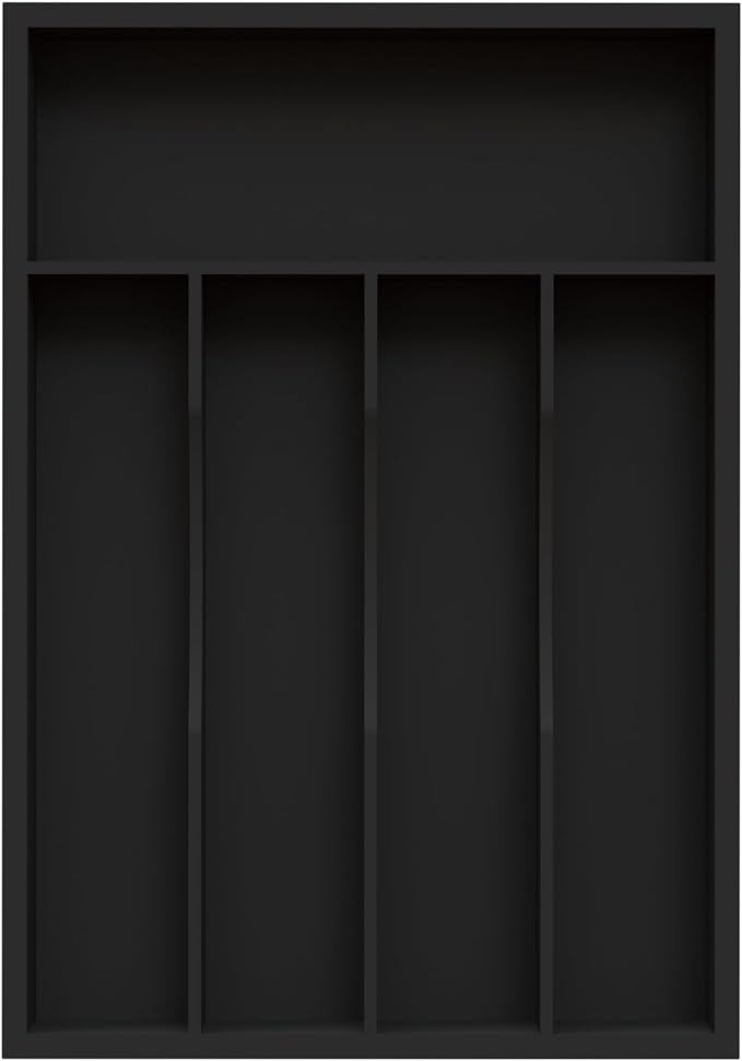 Bamboo Silverware Organizer, Kitchen Drawer Organizer, Utensil Holder, Cutlery Tray & Spoon Flatware Storage with Grooved Drawer Dividers (Black, 9.5''W x 13.5''D)