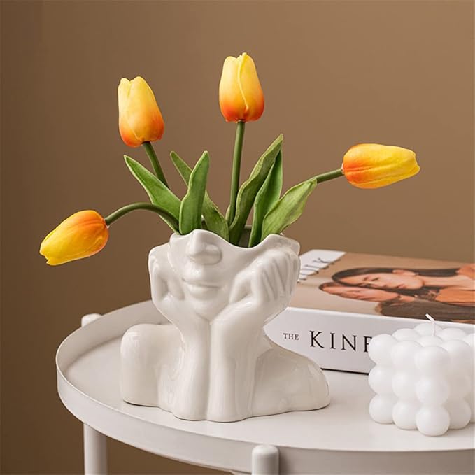 Ceramic Face Vase, White Flower Vases for Decor Female Form Head Half Body Vase Boho Unique Decorative Modern Style for Home Living Room Office Book Shelf (Medium)