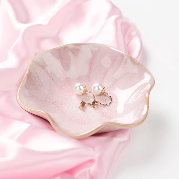 Binoster Ceramic Jewelry Dish, Jewelry Tray Key Tray,Small Ring Dish Holder Jewelry Plate Trinket Dish Catchall Tray Nightstand Decor For Table Room Decor SM (4.3 Inches, White + Pink)