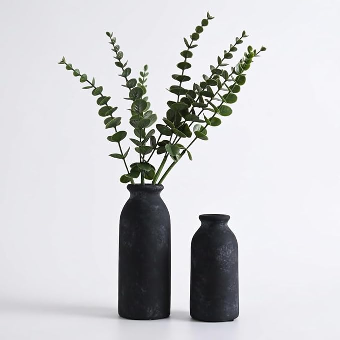 VICTOR & TERESA Black Ceramic Vases Home Decor, Flower Vase Set of 2, Farmhouse Vase for Flowers, Rustic Decorative Vases for Pampas Grass, Table, Living Room, Shelf, Centerpieces, 8 inch
