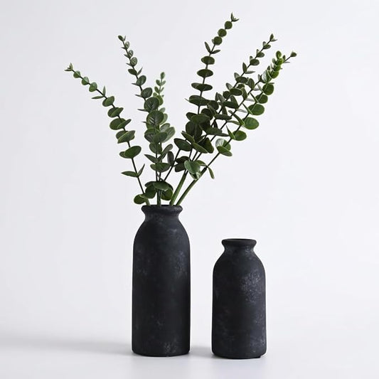 VICTOR & TERESA Black Ceramic Vases Home Decor, Flower Vase Set of 2, Farmhouse Vase for Flowers, Rustic Decorative Vases for Pampas Grass, Table, Living Room, Shelf, Centerpieces, 8 inch