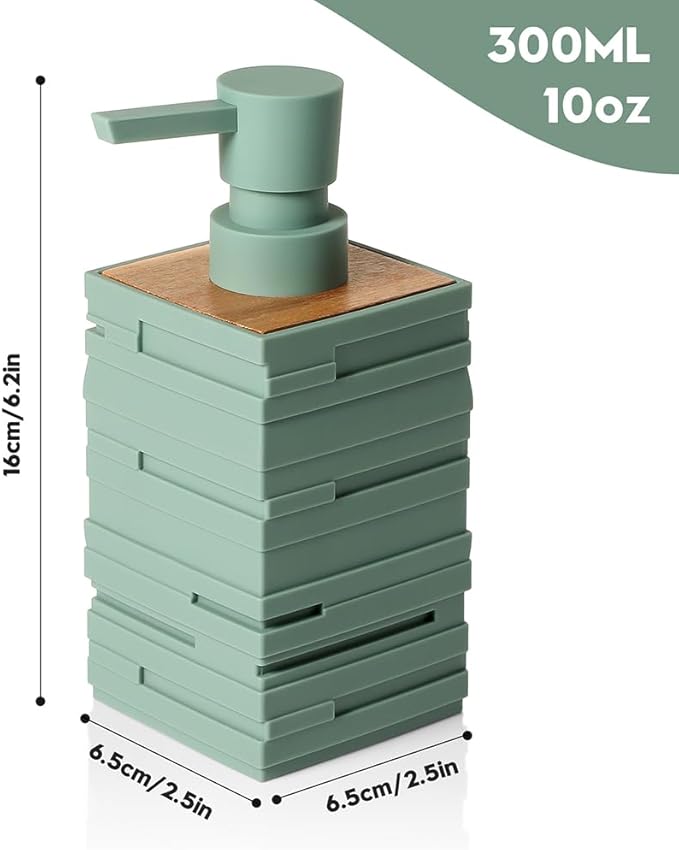 YAUKPH Matte Green Teak Wood Hand Soap Dispenser 10 oz Square for Bathroom and Kitchen Countertops