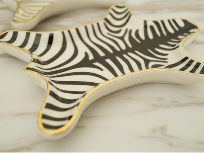 Zebra Stripe Jewelry Tray Ceramic Dishes Plate Gilded 5.9", Gold (Black)