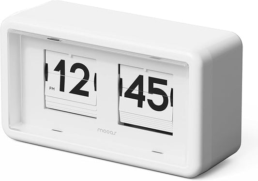 mooas Newtro Flip Desk Clock, Retro Design Auto Flip Clock, Automatic Turning Vintage Flip, Battery Powered, AM/PM, Home Décor Ideal for Home Office School Hotel Café (White)