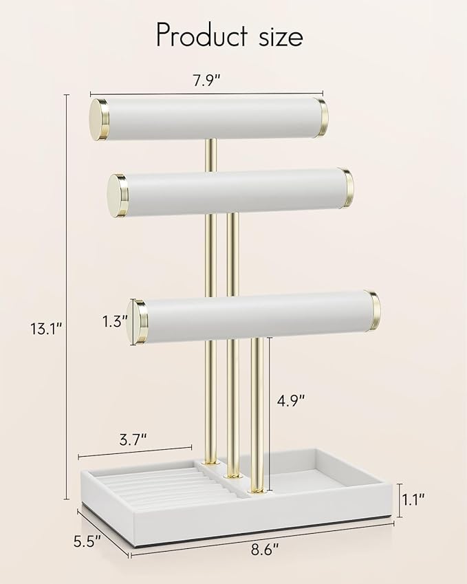 VLANDO 3 Tier Bracelet Holder Organizer with Tray - Mothers Day Gifts Leather Jewelry Stand Organizer for Mom - Jewelry Holder Display for Necklace, Watches, Rings, Earrings, Bangle, Scrunchie - White