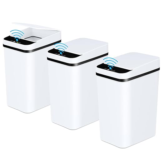 Anborry Bathroom Automatic Trash Can 3 Pack 2.2 Gallon Motion Sensor Touchless Small Slim Garbage Can with Lid Smart Electric Narrow Garbage Bin for Bedroom Living Room Office Kitchen (White)