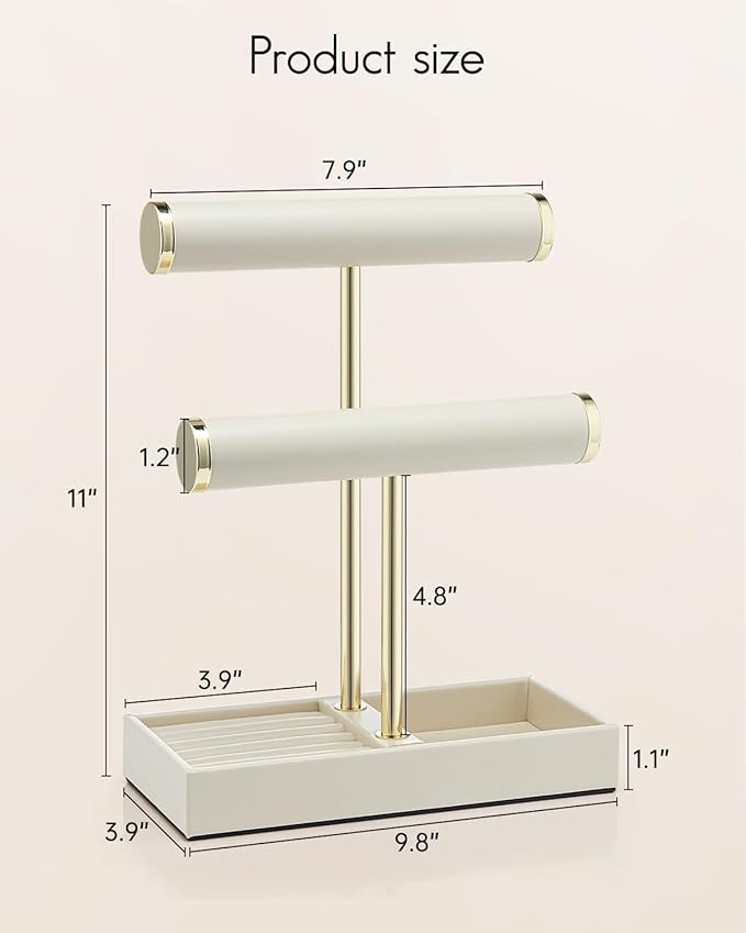 VLANDO 2 Tier Bracelet Holder Organizer with Tray - Mothers Day Gifts Jewelry Stand Organizer for Mom - Jewelry Holder Display for Necklace, Watches, Rings, Earrings, Bangle, Scrunchie - Cloud White