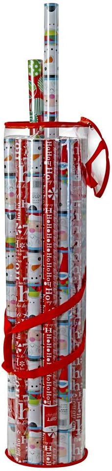 ProPik Christmas Gift Wrap Storage Bag, Clear Organizer Fits Up to 24 Rolls 40 Inch, Heavy Duty PVC Bag with Handles and Zippered Top for Wrapping Paper and Ribbons (Red trimming)
