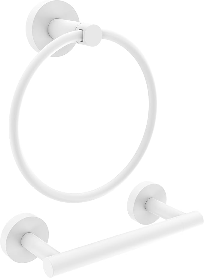 RARXTR White Toilet Paper Holder & Towel Ring SUS304 Stainless Steel 2pc Bathroom Hardware Set with Double Post Pivoting Toilet Paper Roll Holder Wall Mount & Bathroom Towel Holder Set