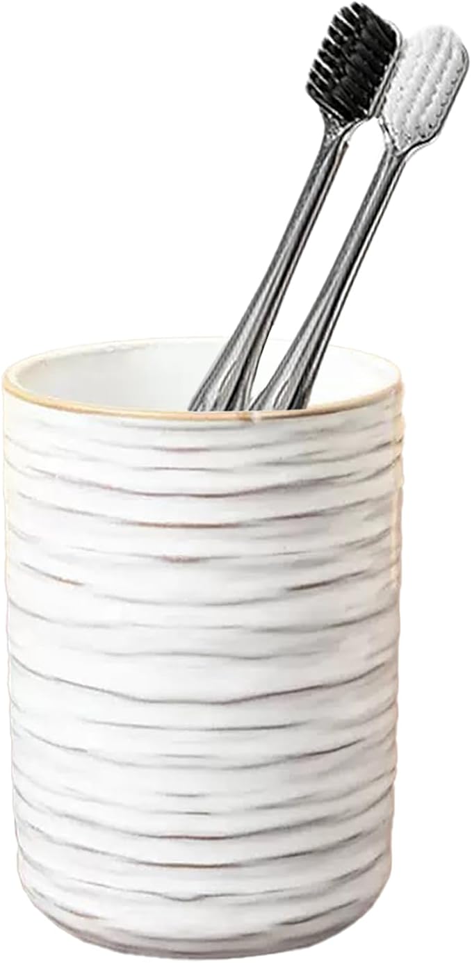 Ceramic Toothbrush Holder for Bathroom, Ceramic Toothbrush Cup, Toothpaste Organizer for Bathroom Countertop, Bathroom Storage Organizer, Kiln Transformation Cup (Vintage White)