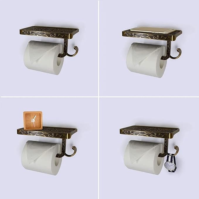 Vintage Toilet Paper Holder Wall Mount Toilet Roll Holder with Shelf and Hook Bronze Antique Bathroom Accessories Toilet Tissue Roll Holder Hanger Aluminum Material (Bronze Finish)