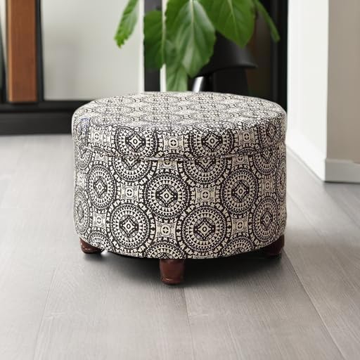 Homepop Home Decor | Upholstered Round Storage Ottoman | Ottoman with Storage for Living Room & Bedroom, Black and White Medallion Large