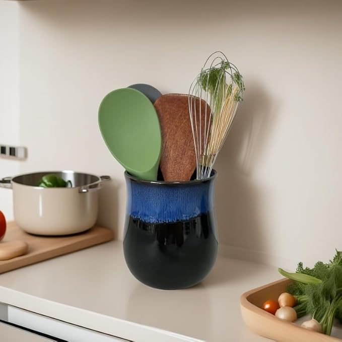 Short Kitchen Utensil Holder for Kitchen Counter, Ceramic Small Utensil Crock & Vase & Holder for Cutlery Spatula Brush Silverware Cooking Utensil Holder (Sapphire)