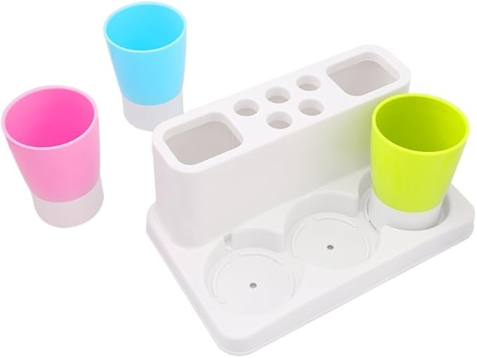 Toothbrush Holder 5 Hole Toothpaste Stand Bathroom Organizer with 3 Rinse cups for Family Set
