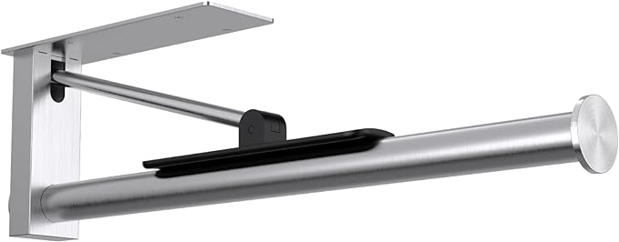 Upgraded Kitchen Paper Towel Holder - One-Hand Tear Under Cabinet Stick-on Towel Rack for Hanging Paper - First Apartment Essentials Wall Mount Self Adhesive Stainless Steel Rack Fits