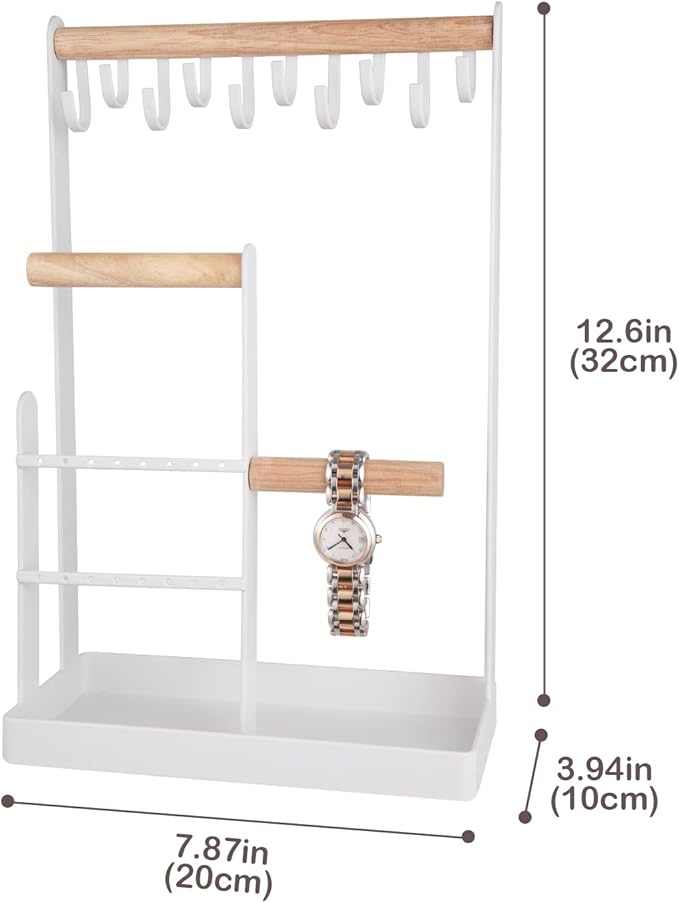 ProCase Jewelry Stand Holder Organizer, 4-Tier Necklace Holder with Ring Tray, 10 Hooks Necklaces Hanging Small Jewelry Display Storage Tower Tree for Bracelets Earrings Watches -Medium, White