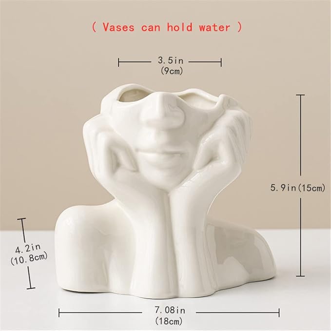 Large Ceramic Face Vase, White Flower Vases for Decor Female Form Head Half Body Vase Boho Unique Decorative Modern Style for Home Living Room Office Book Shelf (Large)