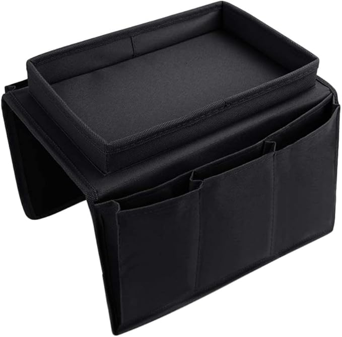 Sofa Armrest Organizer with Cup Holder No-Slip Couch Sofa Armrest Organiser Couch Remote Caddy Control Holder with 1 Large Pockets and 3 Small Pockets for Smart Phone Magazines Ipad Drinks (Black)