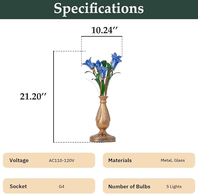 Skyblaze Classic Style Table Lamp with Flower Glass Shade, Elegant Flower Night Light, Art Deco Accent Table Lamp for Bedroom Living Room (Blue, 5 Lights)