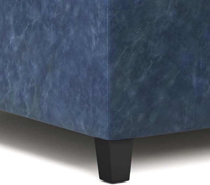 SIMPLIHOME Harrison Coffee Table Storage Ottoman - 36 inch Wide Upholstered Vegan Leather Square Lift-Top Ottoman in Denim Blue, Transitional Ottoman for Living Room with Hidden Storage
