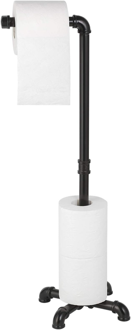 MOOACE Toilet Paper Holder Stand, Industrial Free Standing Bathroom Tissue Paper Roll Dispenser, Black