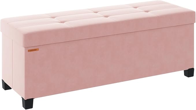 ABHENG Foldable Storage Ottoman Bench, Velvet Footrest and Seat Cube with Feet, Storage Chest, for Living Room, Bedroom and Office, 15 x 43 x 15.7 Inches, Jelly Pink, ASND24P