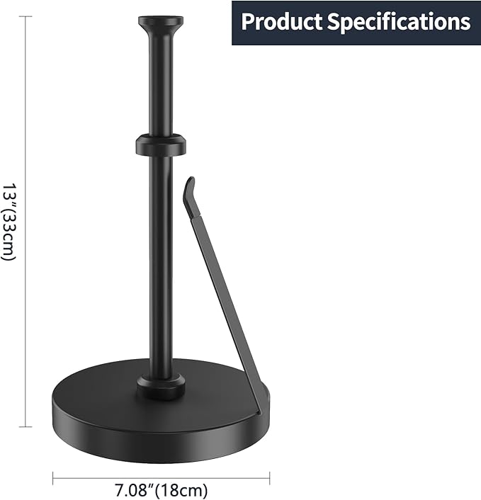 Jesginboo Countertop Paper Towel Holder for Kitchen, Stainless Steel Tension Arm for One-Handed Tear, Stainless Steel Paper Towel Holder Stand for Kitchen Bathroom, Black